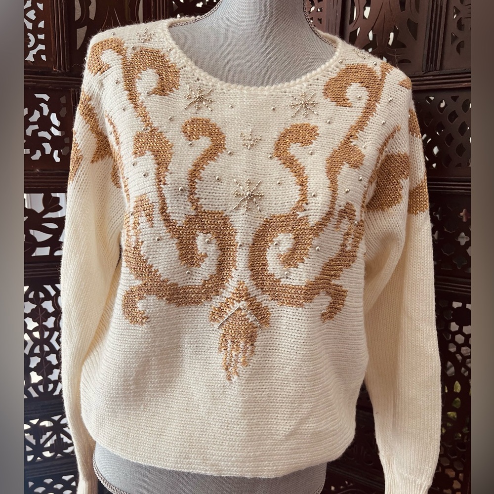 Vintage Jocelyn Smith Beaded Embroidered Sweater Cream Gold Cottagecore Retro - Picture 3 of 9